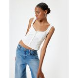 Koton Crop Atlet Poplin Kalın Askılı Düğmeli V Yaka Slim Fit Yazlık Rahat Kadın Üst - Ekru - 34