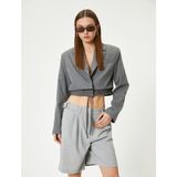Koton Crop Blazer Ceket Bel Detaylı Bağlamalı Kruvaze Ters Yaka - Gri - 34