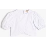 Koton Crop Bluz Asimetrik Kesim Arkası Düğmeli Kısa Balon Kollu Pamuklu - Beyaz - 6 - 7 Yaş