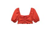 KOTON Crop Bluz Balon Kollu Gipe Detaylı Kare Yaka