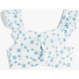 Koton Crop Bluz Çiçekli Fisto Işlemeli Fırfırlı Kolsuz - Mavi - 11 - 12 Yaş