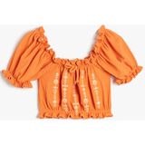 Koton Crop Bluz Fırfırlı Işlemeli Önü Büzgülü Kısa Kollu - 11 - 12 Yaş - Turuncu