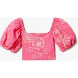 Koton Crop Bluz Işlemeli Kare Yaka Pamuklu - Pembe - 11 - 12 Yaş