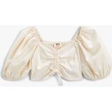 Koton Crop Bluz Keten Karışımlı Balon Kollu Büzgü Detaylı - Ekru - 11 - 12 Yaş