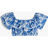 Koton Crop Bluz Kolsuz Açık Omuz Fırfırlı Çiçek Desenli Pamuklu - 11 - 12 Yaş - Mavi
