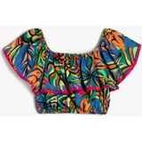 Koton Crop Bluz Kolsuz Açık Omuz Fırfırlı Floral Desenli - Mavi - 11 - 12 Yaş