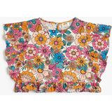 Koton Crop Bluz Kolsuz Fırfırlı Çiçek Desenli Pamuklu - Ekru - 11 - 12 Yaş