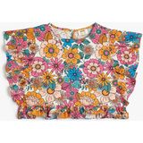 Koton Crop Bluz Kolsuz Fırfırlı Çiçek Desenli Pamuklu - Ekru - 9 - 10 Yaş