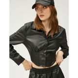 Koton Crop Gömlek Deri Görünümlü Korse Detaylı - 42 - Siyah