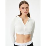 Koton Crop Kapüşonlu Fermuarlı Hırka Uzun Kollu Slim Fit Ekru 5wal90001ık Ekru