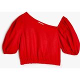 Koton Crop Keten Bluz Balon Kollu Asimetrik Yaka - 5 - 6 Yaş - Kırmızı
