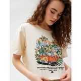 Koton Crop Tişört Baskılı Bisiklet Yaka Kısa Kollu Pamuklu - XS - Ekru