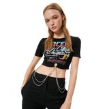 Koton Crop Tişört Yarış Temalı Baskılı Zincir Detaylı Slim Fit Bisiklet Yaka