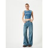 Koton Denim Görünümlü Üst Crop Büzgülü Bisiklet Yaka - Mavi - XL