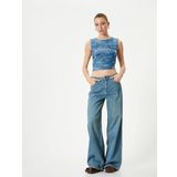 KOTON Denim Görünümlü Üst Crop Büzgülü Bisiklet Yaka