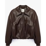 Koton Fermuarlı Klasik Yaka Suni Deri Crop Bomber Ceket - Kahve - 42