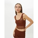 Koton Fileli Crop Atlet Kalın Askılı U Yaka Slim Fit - Kahve - XS
