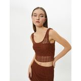 Koton Fileli Crop Atlet Kalın Askılı U Yaka Slim Fit - Kahve