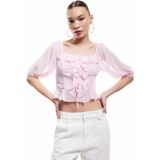 Koton Fırfırlı Bağcık Detaylı Kare Yaka Crop Balon Kol Şifon Gömlek - Pembe - 36