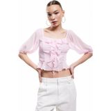 Koton Fırfırlı Bağcık Detaylı Kare Yaka Crop Balon Kol Şifon Gömlek - Pembe - 40