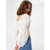 Koton Fisto Crop Bluz Balon Kol Kalp Yaka Bağlama Detaylı Slim Fit - 40 - 001-Beyaz