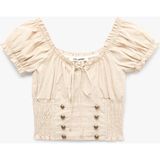 Koton Gipeli Düğme Detaylı Slim Fit Kayık Yaka Balon Kollu Poplin Crop Bluz - 38 - Ekru