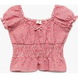Koton Gipeli Kısa Kollu Kayık Yaka Fırfır Detaylı Pötikareli Crop Poplin Bluz - Kırmızı - 6 - 7 Yaş