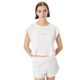 Koton Kadın Crop Pijama Üstü Kısa Kollu Bisiklet Yaka Nakışlı Fitilli Viskon Karışımlı, Pembe, M