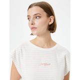 Koton Kadın Crop Pijama Üstü Kısa Kollu Bisiklet Yaka Nakışlı Fitilli Viskon Karışımlı, Pembe, S