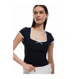 Koton Kadın Dantel Detaylı Çizgili Kısa Kollu Slim Fit Bluz, Lacivert, 36 Beden