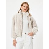 Koton Kadın Ekru Peluş Oversize Mont Dik Yaka Uzun Kollu Rahat Kesim Düğmeli Model - 42