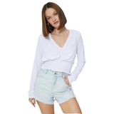 Koton Kadın Gimped Crop V Neck Long Sleeve Bluz, Beyaz(000), S