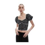 Koton Kadın Kalp Yaka Kısa Balon Kollu Çiçekli Crop Bluz, Siyah, 36 Beden