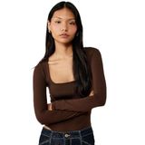 Koton Kadın Kare Yaka Uzun Kollu Slim Fit Çıtçıtlı Tişört, Kahve, M Beden
