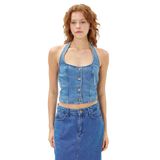 Koton Kadın Kot Yelek Crop Halter Yaka Düğmeli Nervürlü Pamuklu Açık İndigo, M