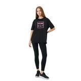 KOTON Kadın Oversize Spor Tişört Kısa Kollu Bisiklet Yaka Baskılı, Siyah, XS