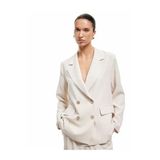 Koton Kadın Uzun Kollu Cepli Keten Karışımlı Kruvaze Oversize Blazer Ceket, Ekru, 34 Beden