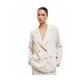Koton Kadın Uzun Kollu Cepli Keten Karışımlı Kruvaze Oversize Blazer Ceket, Ekru, 36 Beden