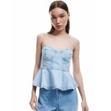 Koton Kalp Yaka Volanlı Kolsuz Pamuklu Dar Kesim Denim Bluz