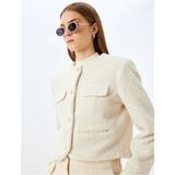 Koton Kapaklı Cep Detaylı Yakasız Crop Tüvit Blazer Ceket - Ekru - 44