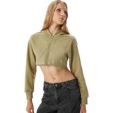 Koton Kapşonlu Kelebek İşlemeli Fermuarlı Crop Sweatshirt, M, 5WAL10452IK, Haki, kadın