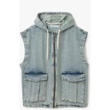 Koton Kapüşonlu Fermuarlı Kapaklı Cepli Oversize Pamuklu Kolsuz Denim Yelek - Mavi