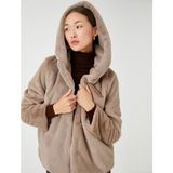 Koton Kapüşonlu Oversize Peluş Kısa Kaban - Vizon - 36
