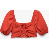Koton Kare Yaka Gipe Detaylı Balon Kollu Crop Bluz - Kırmızı - 5 - 6 Yaş