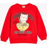 Koton Kedi Baskılı Sweatshirt Kız Çocuklar İçin Truvakar Kol Bisiklet Yaka Kırmızı Renkli - 4 - 5 Yaş