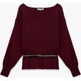 Koton Kemerli Kayık Yaka Ribanalı Uzun Kollu Triko Kazak - Mor - XL
