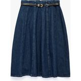 Koton Kemerli Volanlı Normal Bel Rahat Kalıp Pamuklu Denim Midi Etek - Lacivert - 36