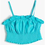 Koton Keten Crop Bluz Askılı Fırfırlı Gipe Detaylı - Mavi - 11 - 12 Yaş