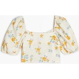 Koton Keten Crop Bluz Çiçekli Kare Yaka Gipe Detaylı - Sarı - 5 - 6 Yaş