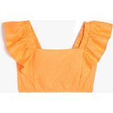 Koton Keten Crop Bluz Kelebek Kollu Kare Yaka - 11 - 12 Yaş - Turuncu